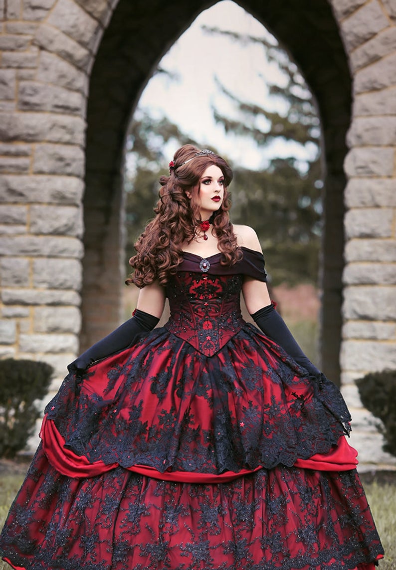 Gothic Black And Red Country Wedding Dresses Off Shoulders Corset Back Victorian Halloween Royal Wedding Dress Puffy Tulle Lace Bridal Gown