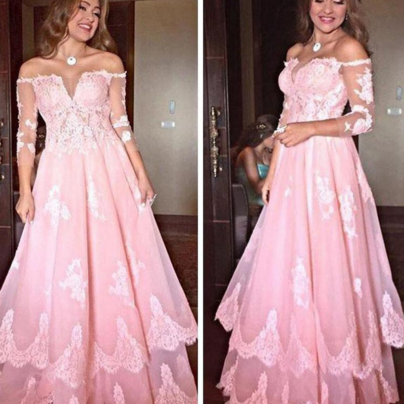 Beauty Pink Prom Dresses 2020 Three Quarter Long Sleeves Lace Appliques Evening Gowns Tiered A Line Floor Length Party Gowns