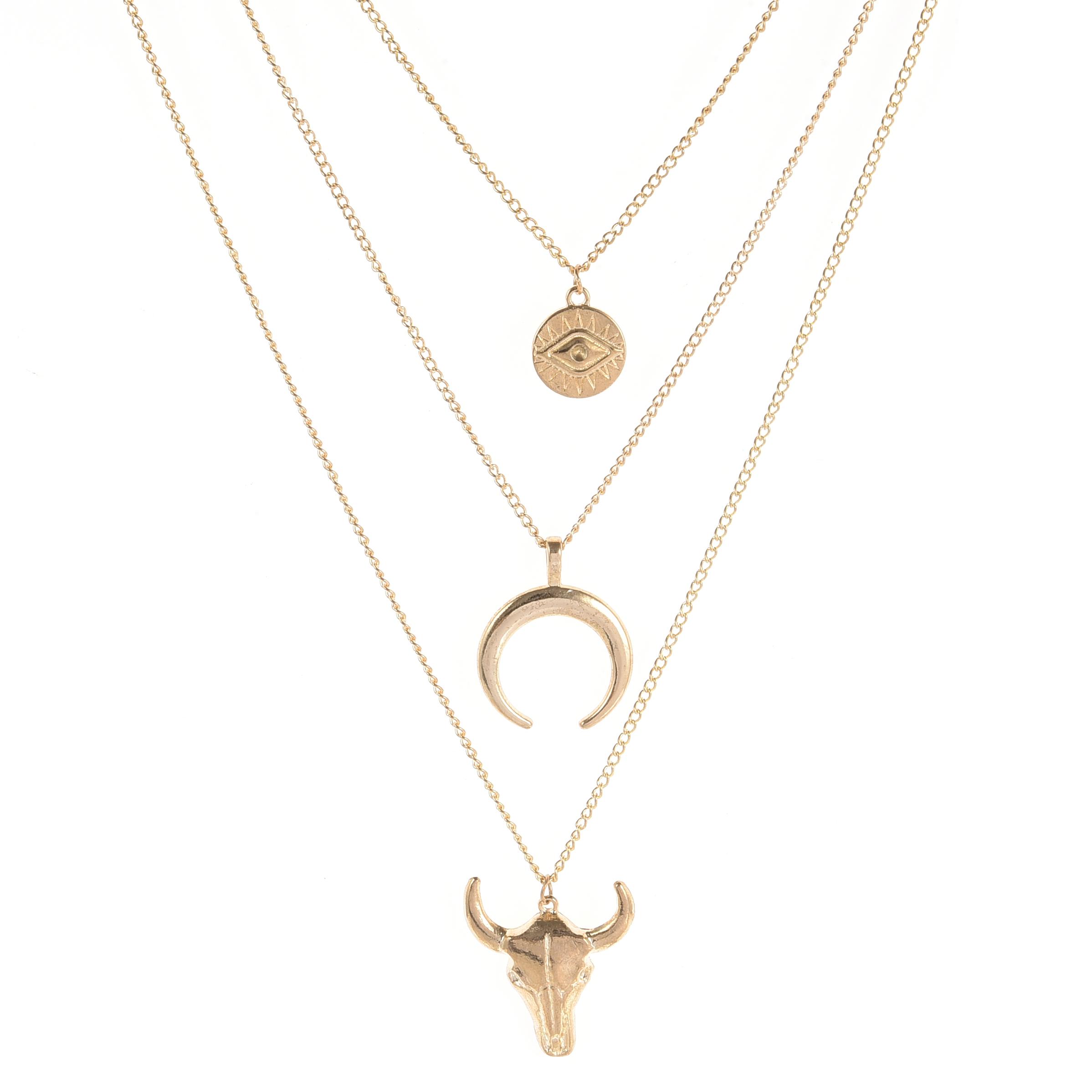 3pcs/set Women Long Sweater Chain Animal Cow Head Pendant Necklace Alloy Eye Horn Multilayer Necklace Jewelry Gift for Girls