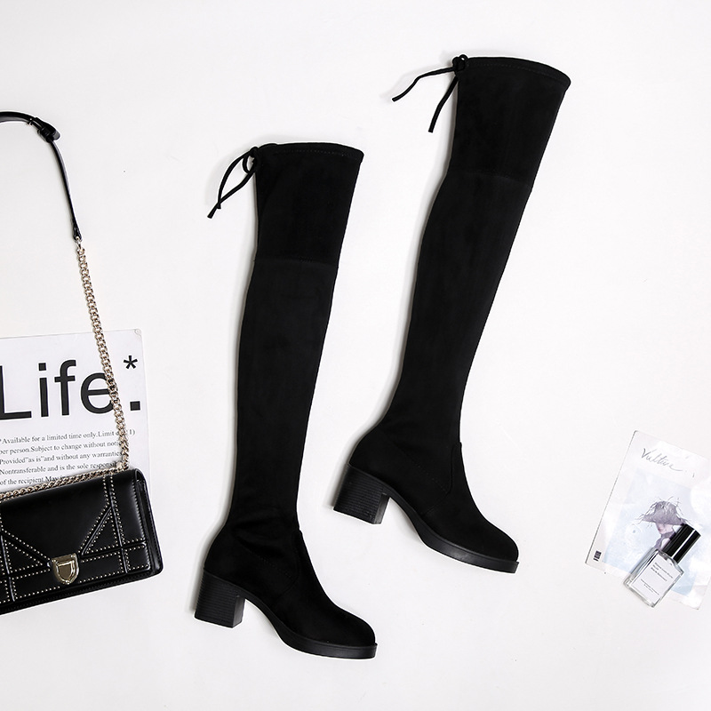 Hot Sale-2019 the new autumn and winter cashmere girl elastic high heel Korean version of thick heel than thin knee boots