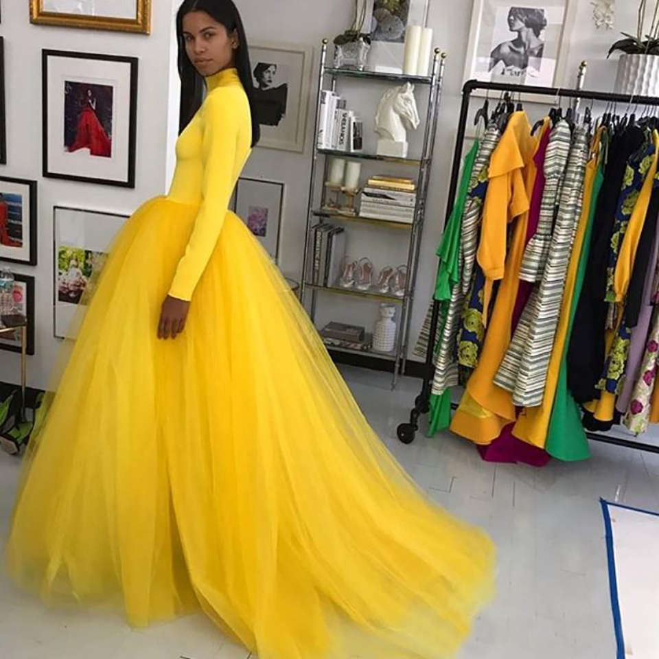 Fashion Yellow Fluffy Prom Dresses High Neck Long Sleeves Tulle Party Gown Glamorous South African Celebrity Evening Dresses ED1335