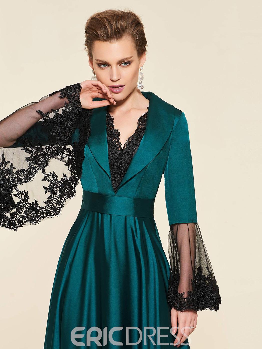 Elegant Ericdress A Line Mother of The Bride Dresses V Neck Long Sleeve Wedding Guest Dress Lace Applique Sweep Train Evening Gown