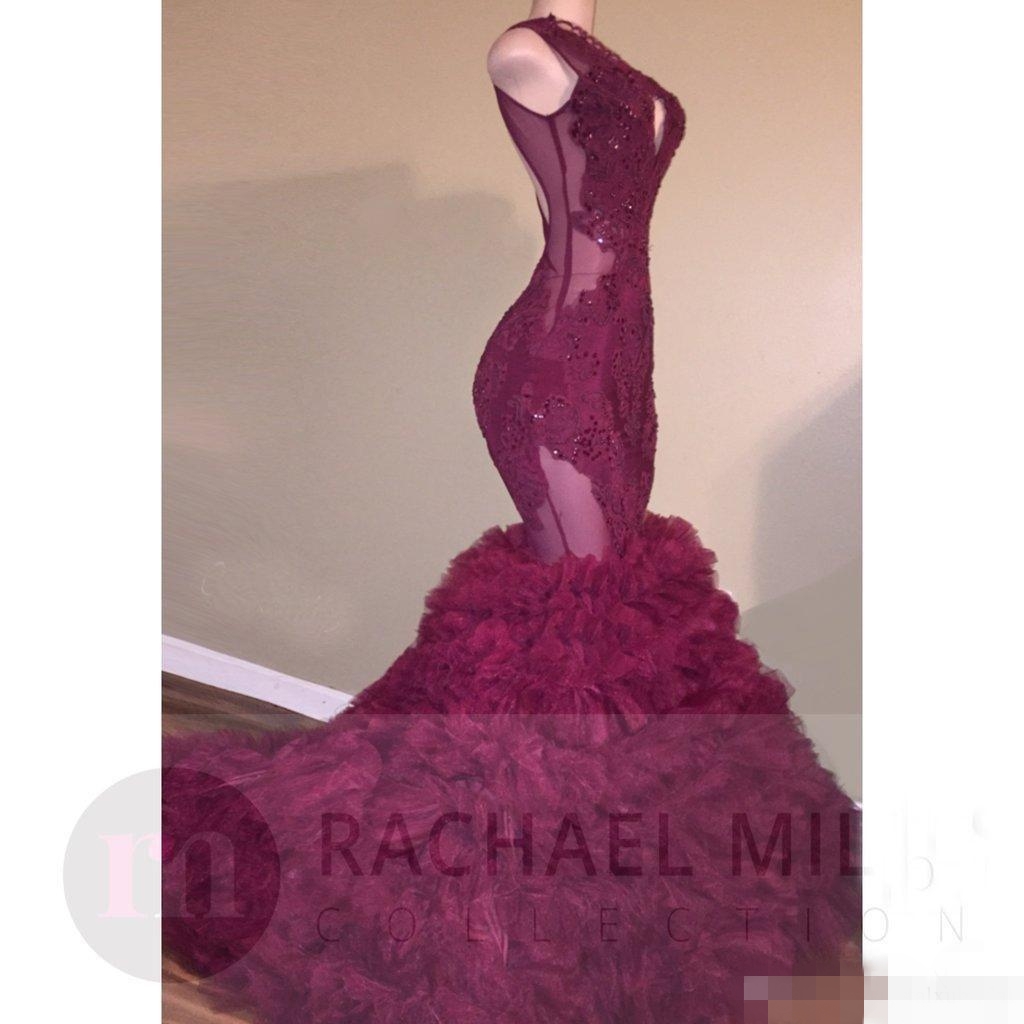 Skirt Sexy Tiered Mermaid Evening Dresses Illusion Bodice Deep V Neck Lace Applique Sequins Formal Ocn Wear Prom Party Gown