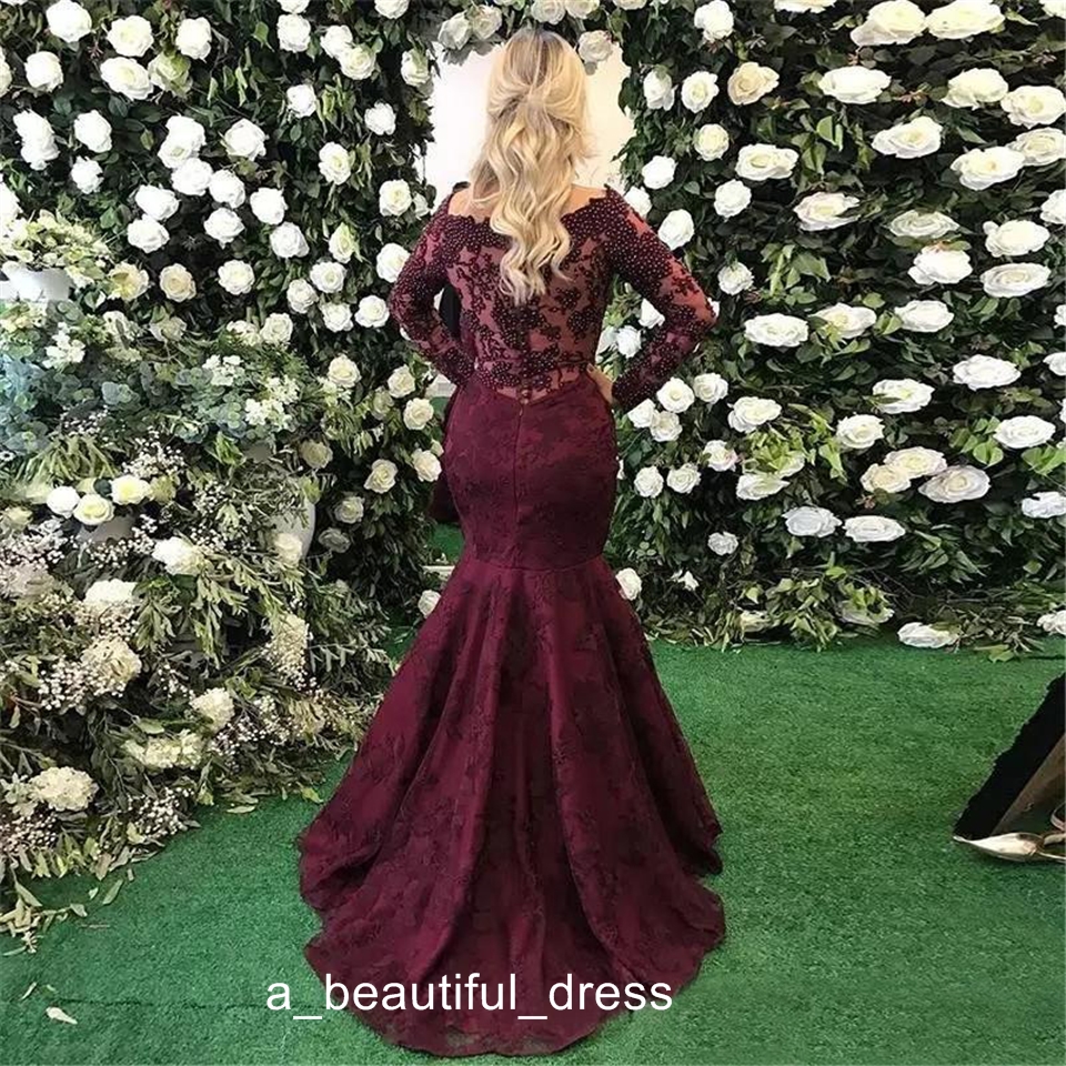Grape Evening Dresses Sexy Scoop Neck Illusion Long Sleeves Mermaid Full Lace Crystal Beads Pearls Formal Party Dress Prom Gowns ED1312