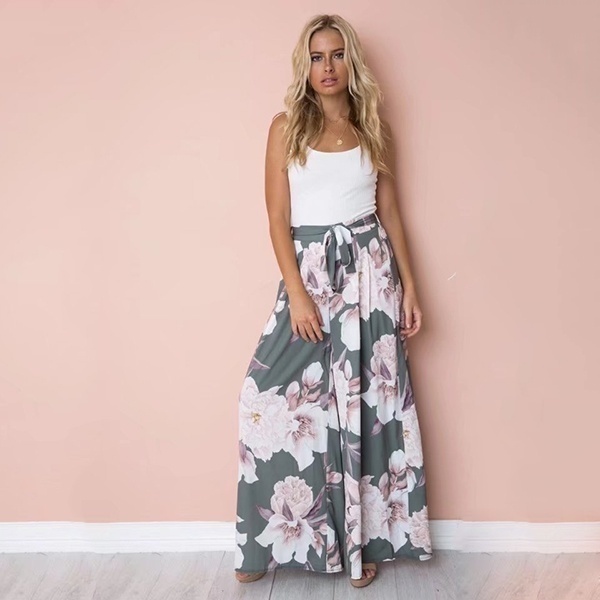 Womens Floral Palazzo Pants High Waist Wide Leg Culottes Ladies Loose Casual Long Trousers C19041603 Z260314