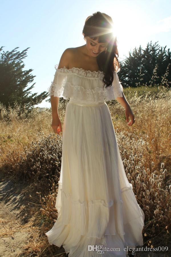 Bohemian Romantic Beach Lace Wedding Gowns Pleats Applique Off Shoulder Sweep Train Boho Country Bridal Dress Custom Made
