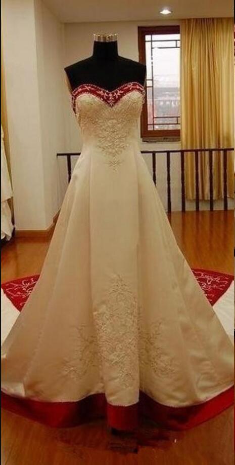 Red and White Stain Embroidery Wedding Dresses 2020 Vintage Sweetheart Lace-up Corset Lace Beaded Bride Wedding Gown vestidos Plus Size