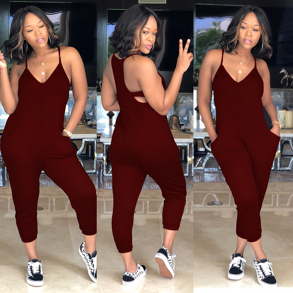 Jumpsuits European solid color sexy sling V-neck sleeveless halter hood casual street double pocket jumpsuit support mixed batch