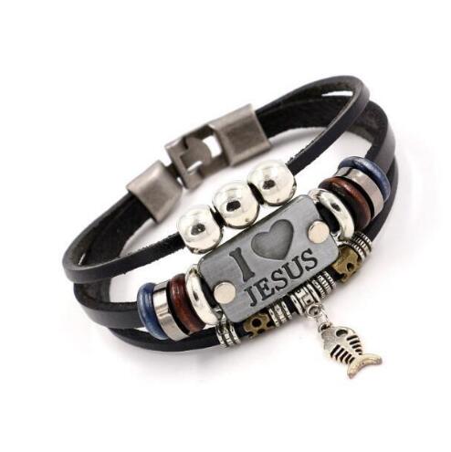I LOVE JESUS Charm Bracelets Vintage Fish Pendant Christian Multilayer Leather Bracelets for Mens Women Bangle GD115