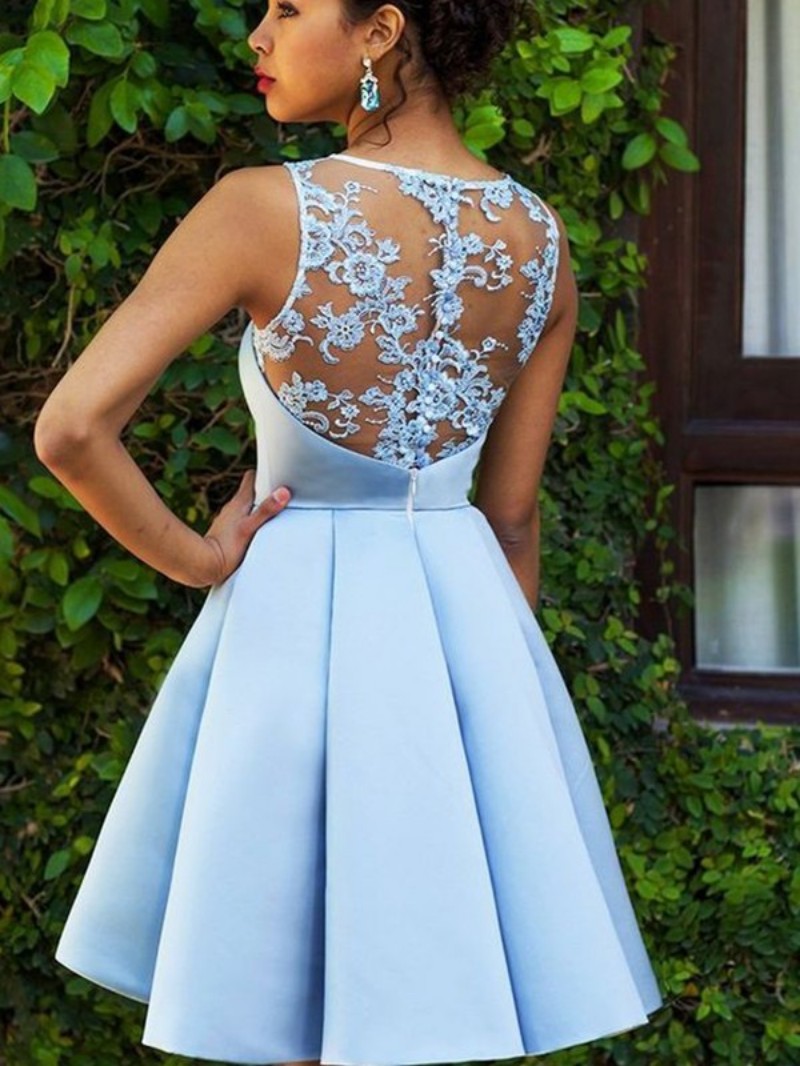 Sky Blue Short Prom Dresses Lace Appliques Satin Ruffle Mini Evening Gowns Plus Size Cooktail Dress Special Occasion Homecoming Gown
