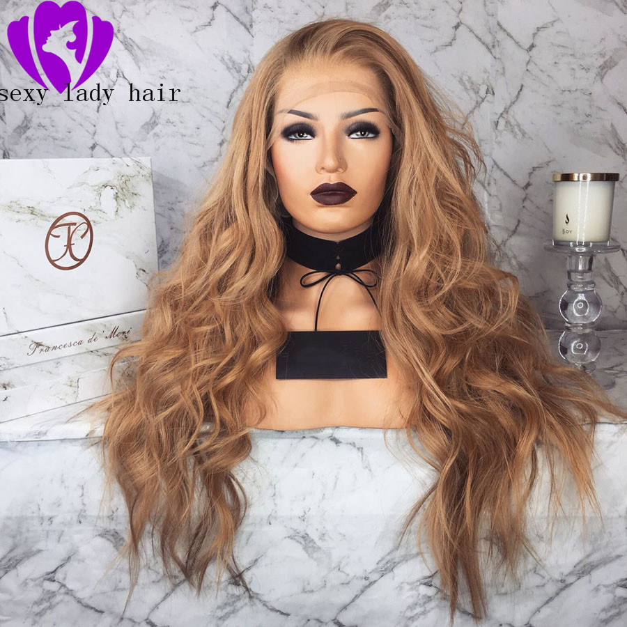 Free shipping silation Human Wigs Brown synthetic Front Pre Plucked With Baby Hair Body Wave 360 Lace Frontal Wig For Women