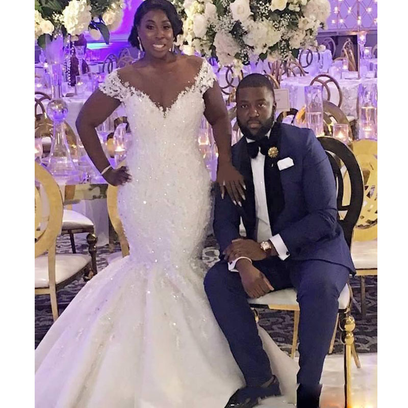 Plus Size Mermaid Wedding Dresses Off Shoulder Appliques Beads Lace Sheath Wedding Dress Sweep Train Bridal Gown