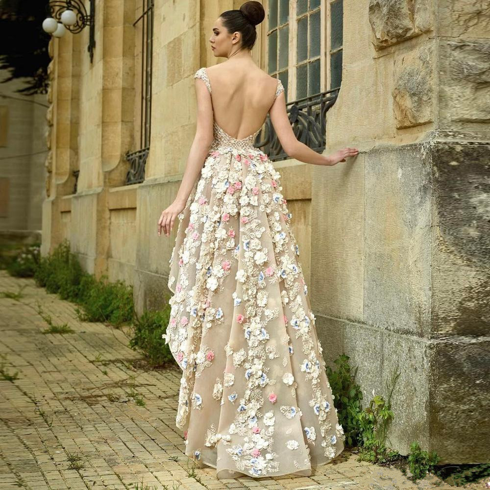 Gorgeous High Low Prom Dresses 3D wer Appliqued Crystal Beads Lace Evening Gowns Illusion Organza Women Special Ocn Plus Size Dress