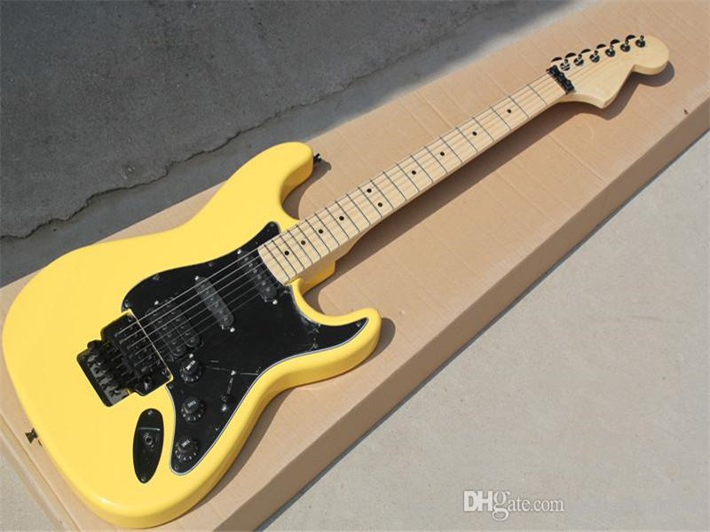 Factory Custom Yellow Floyd Rose Electric Guitar with Black Pickguard,Maple Fingerboard,SSH Pickups,offering customized services