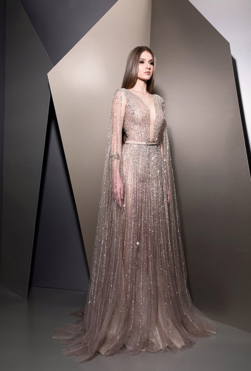 Princess prom dresses 2019 with cape sheer v Neck sequined Prom Dresses Sweep Train Luxury Party Evening Gowns Custom Made