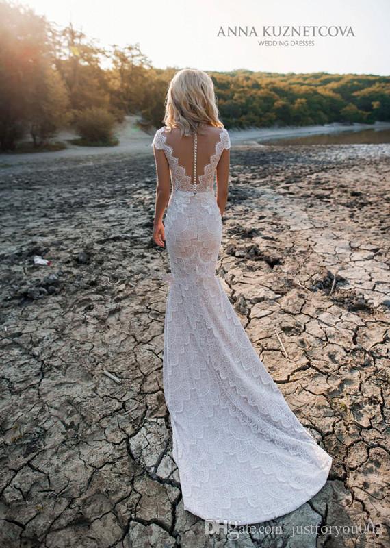 Lace Mermaid Wedding Dresses Cap Sleeve Deep V Neck Front Split Bridal Gowns Covered Button Back Beach Wedding Dress Vestidos De Novia