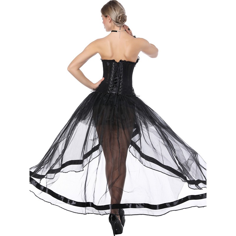 Women 2pcs Dancing Outfit Lolita Rose Floral Lace Mesh Short Sleeves Crop Top with Mesh Floor Hi-lo Skirt Pardy Dress