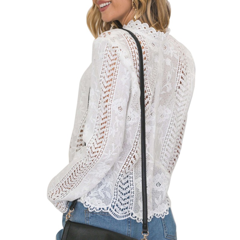 White Lace Hollow Out Turtleneck Blouse - Long Sleeve, Elegant, Solid, Casual, Women's Tops & Blouses For B4