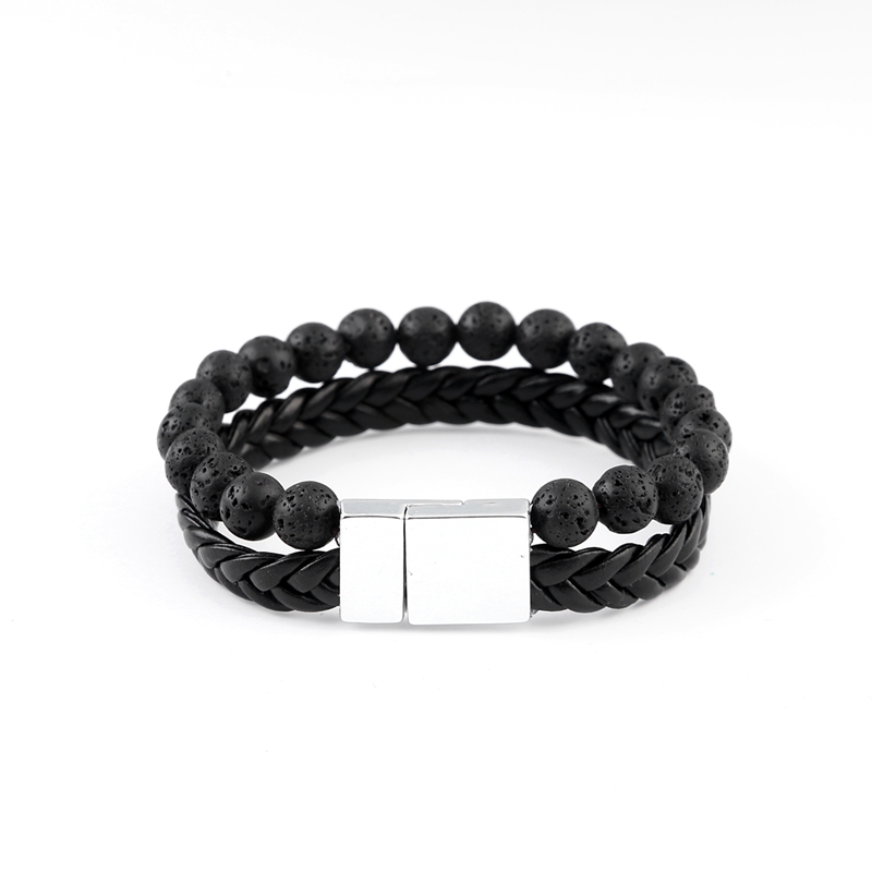 Leather beaded bracelet handmade 2 layer buckle men's temperament charm bracelet daily wear