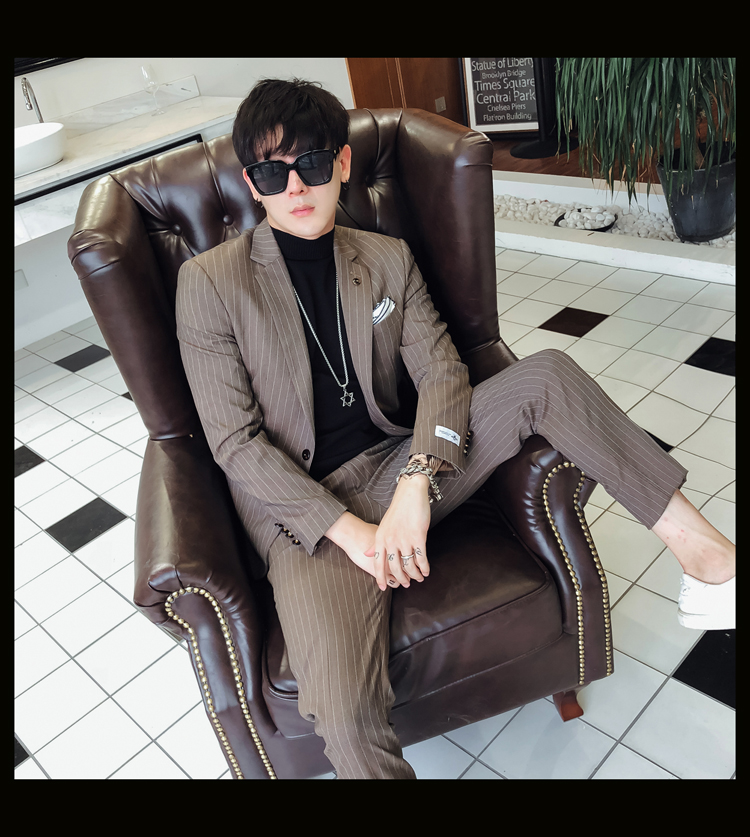 Young Fashion Men Wedding Tuxedos Stripe Slim Fit Pants Suits Two Pieces (Jacket+Pants) Peaked Lapel Custom Made Blazer