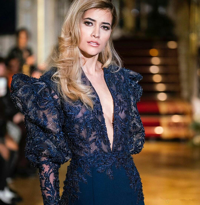 Navy Blue Evening Jumpsuit 2021 Sexy V-neck Puffy Long Sleeve Luxury Lace Applique Red Carpet Celebrity Prom Dress Pant Suit
