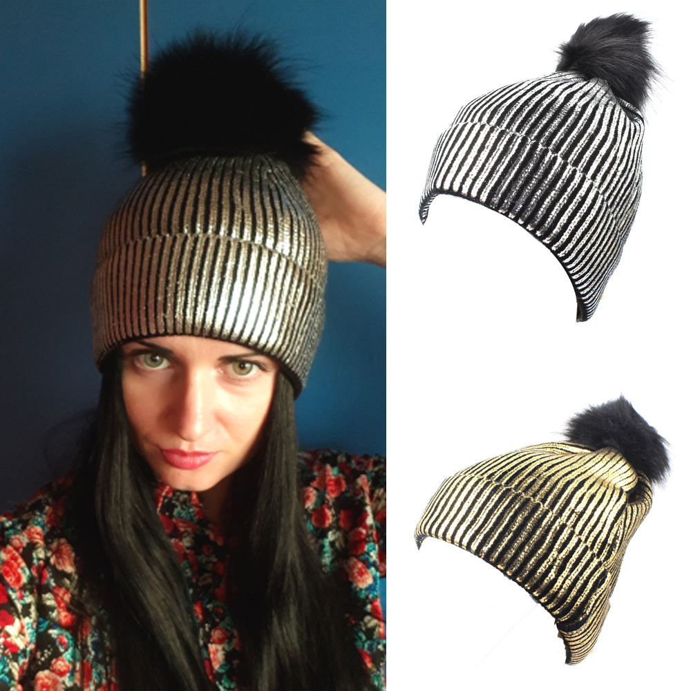 Knitted Bronzing Gold Silver Beanie Cap Pompom Winter Hats For Women Fur Pom Pom Ball Hat Ladies Girls Warm Skullies Beanies