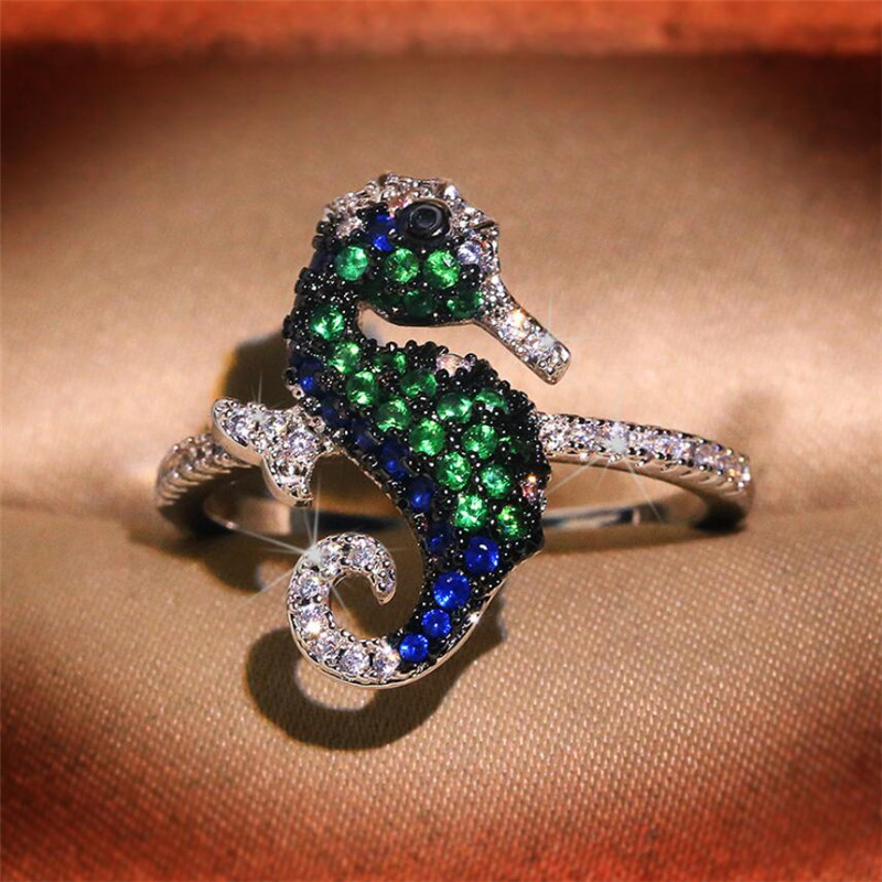 2020 New Vintage Jewelry Women' s Fashion jewelry 925 Sterling Silver Colorful Hippocampus Pave Sapphire CZ Diamond Women Wedding Band Ring