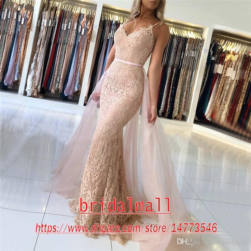 Green Sexy Dark Lace Mermaid Dresses With Detachable Train Spaghetti Straps Formal Pageant Prom Dress Cheap Party Evening Gowns