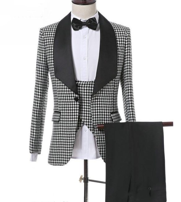 Cotton Houndstooth Groom Tuxedos One Button Shawl Lapel Man Coat Prom Blazer Party Business Suits (Jacket+Pants+Vest+Bow Tie) J638