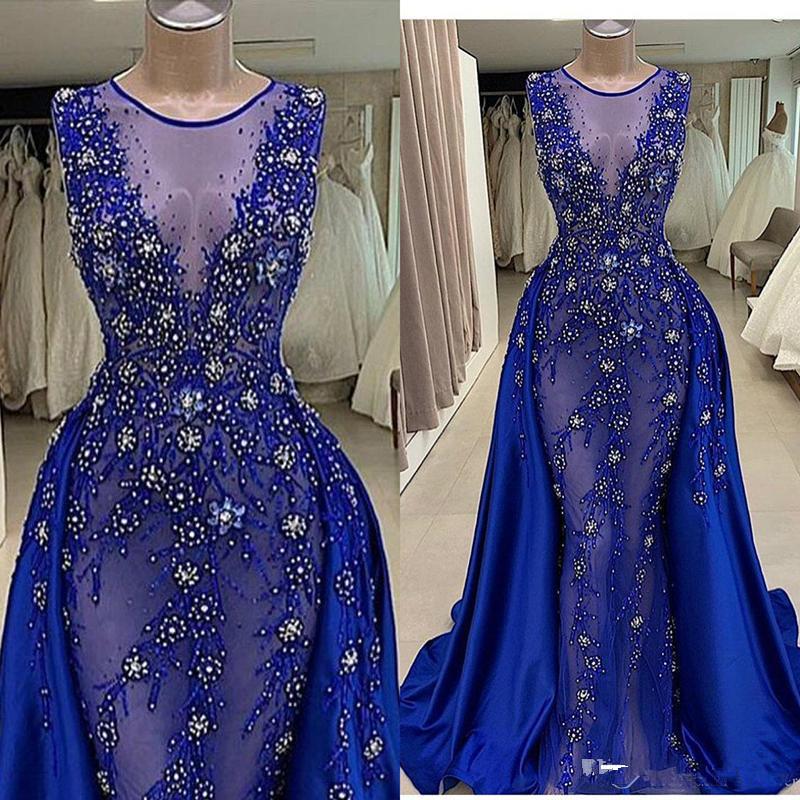 2020 Arabic Royal Blue Evening Dresses With Detachable Train Jewel Neck Beaded Appliqued Mermaid Prom Dress Pearls Formal Party Gowns