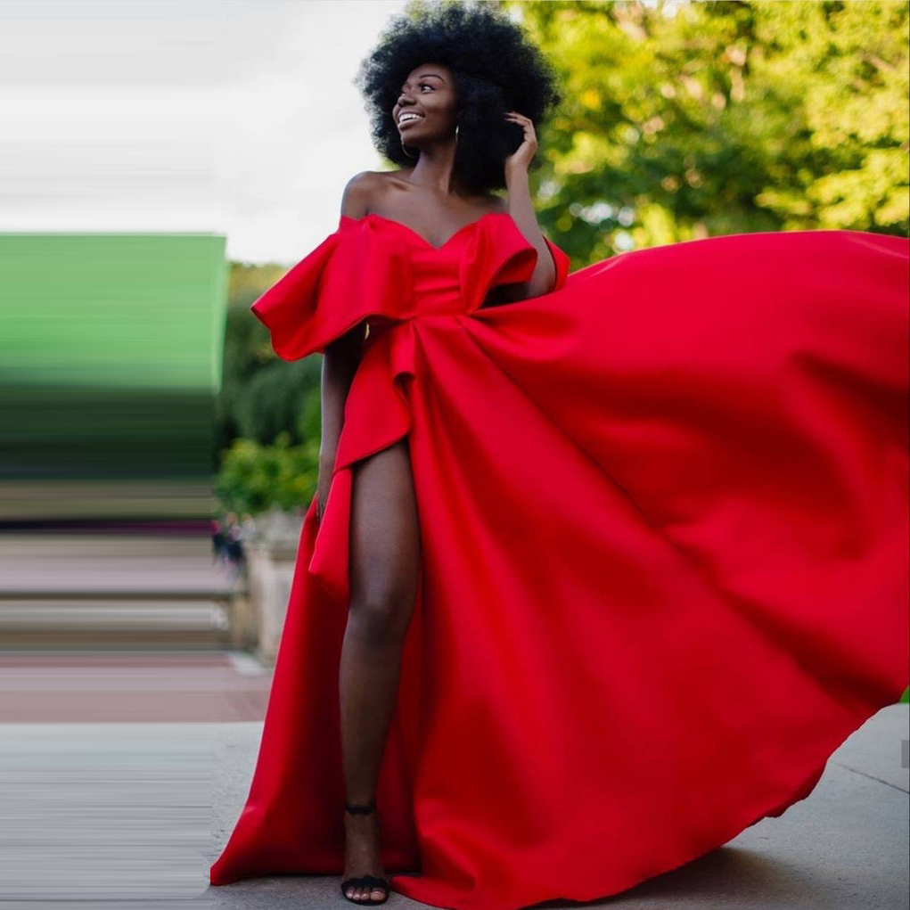 Sexy Red Prom Dresses For Black Girls A Line Satin High Slit Off The Shoulder Sweetheart Open Back Custom Made Evening Gowns
