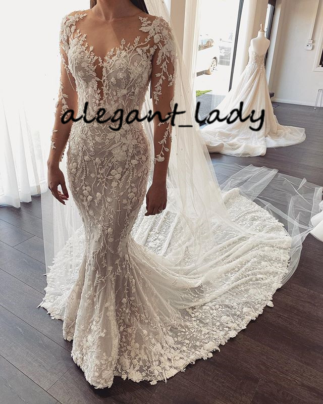 Luxury Mermaid Beach Wedding Dress with Long Sleeve 2020 Full Lace Embroidery Chapel Train Arabic Dubai Muslim Bride Gown Traine Mariage