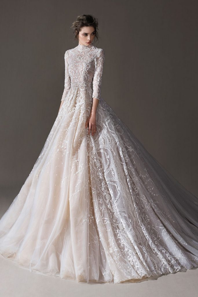 Elegant A e Dresses High Collar Lace Appliques Wedding Dress Long Sleeve Beach Sweep Train Bridal Gowns