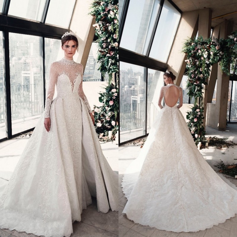 Tony Ward 2019 A Line Wedding Dresses Princess High Neck Overskirts Lace Appliques Long Sleeve Backless Bridal Gowns Beach robe de mariée
