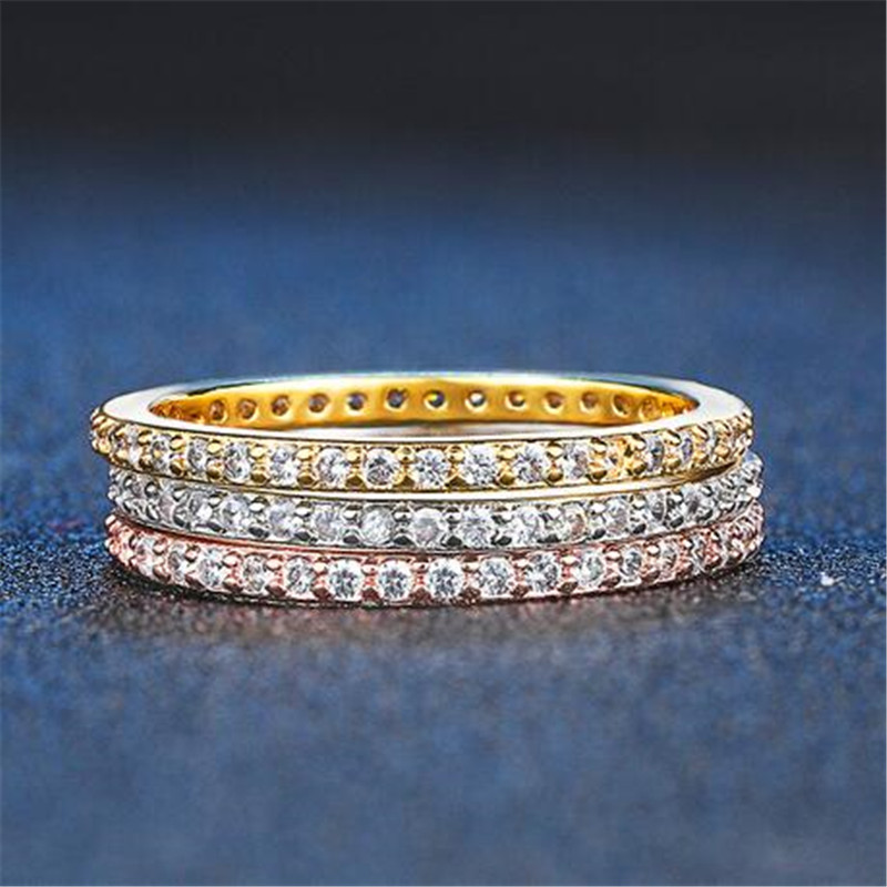 Simple Fashion Jewelry 925 Sterling Silver&Rose Gold Fill Pave White Sapphire CZ Diamond Eternity Women Wedding Engagement Band Ri