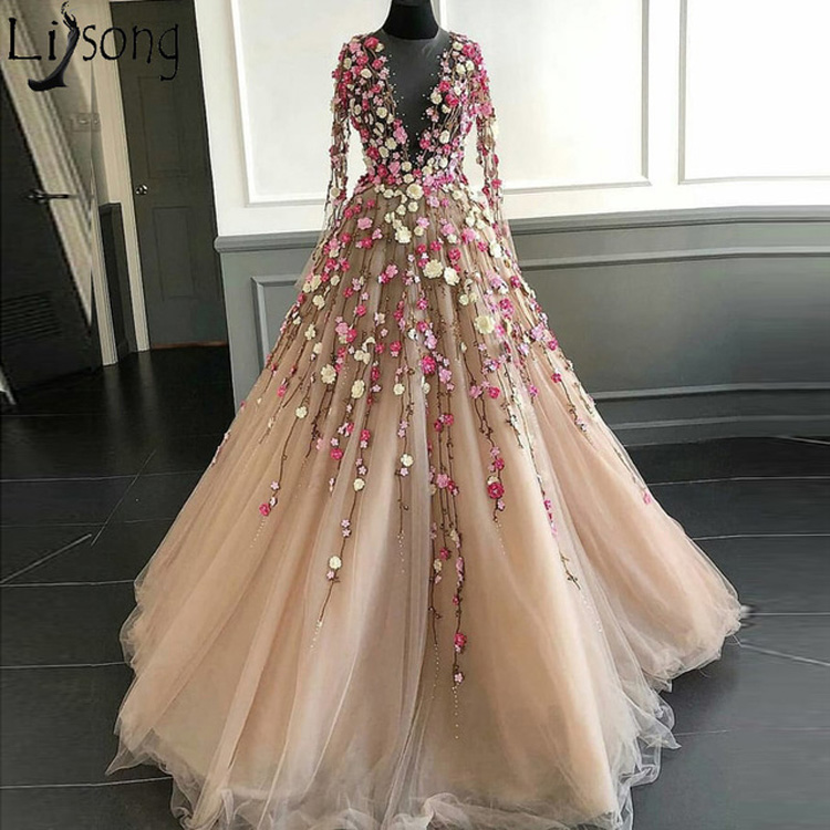 3D Flowers Prom Dresses Sheer Deep V Neck Long Sleeve Evening Gowns Hand Made Flower Appliques Party Dress, Sage
3D Flowers Prom Dresses Sheer Deep V Neck Long Sleeve Evening Gowns Hand Made Flower Appliques Party Dress, Sage
