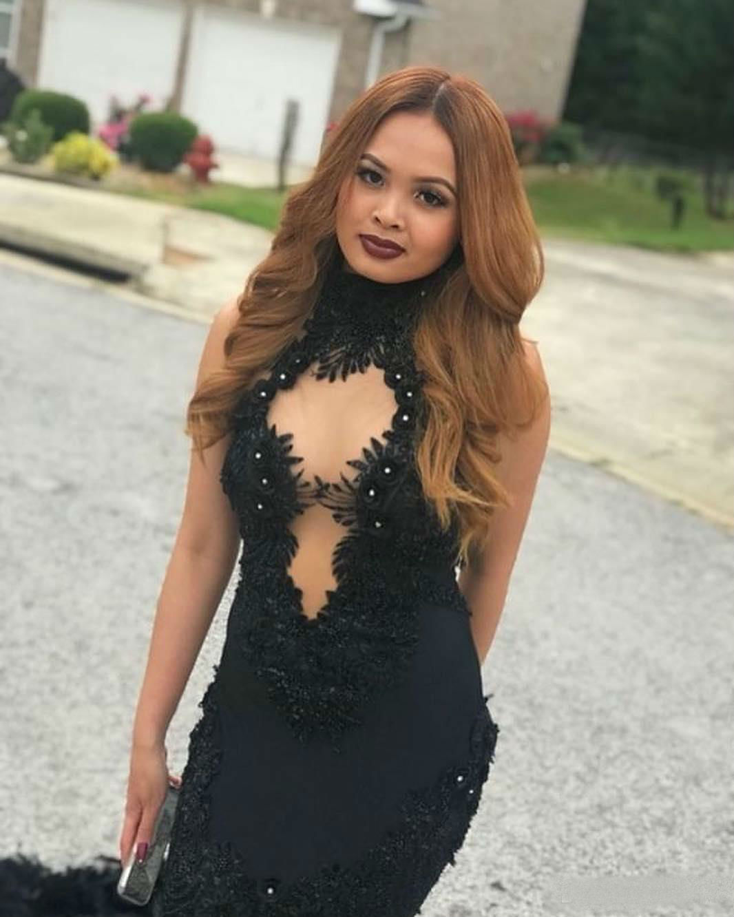 2019 Sexy Black Mermaid Prom Dresses with Feather High Neck Lace Appliques African Formal Evening Gowns Cocktail Party Dresses