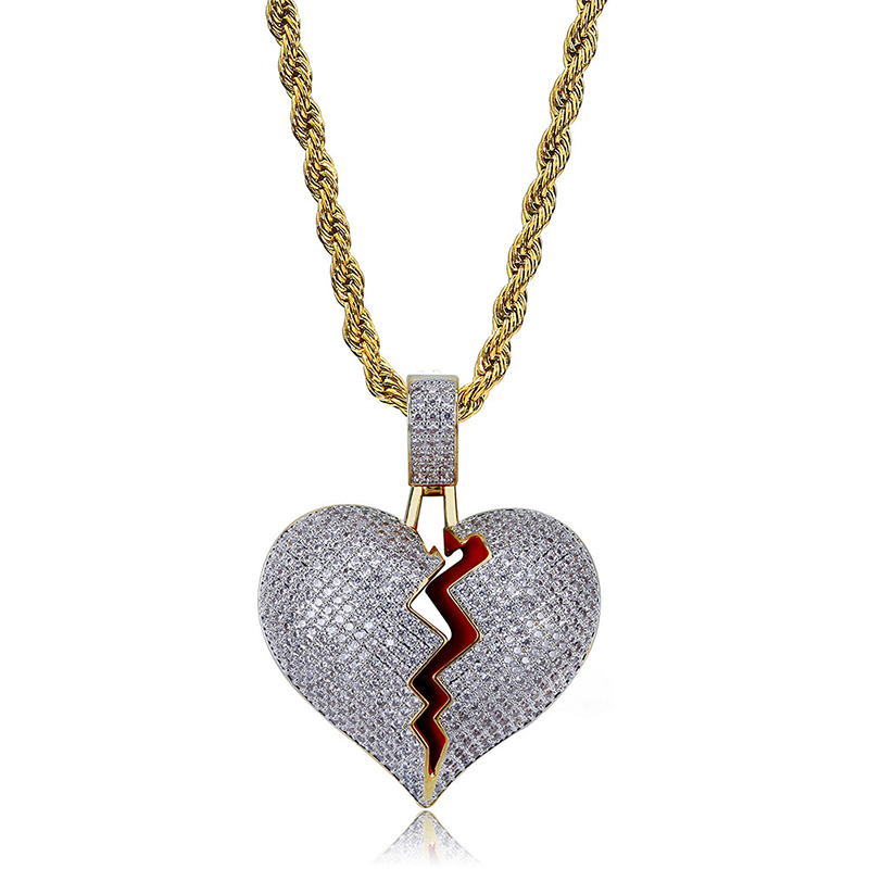 High Grade Broken Heart Pendant Necklace Mens Hip Hop Jewelry with Zircon Stainless Steel Chain Jewelry Wholesale