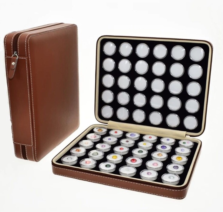 Super Portable Leather Gem Bag Travel Ziplock Diamond Bag Gemstone Display Box Stone Storage Inside 60 Cells Round Gem Box