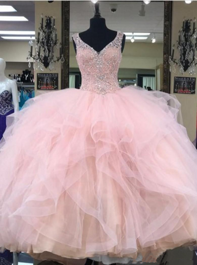 2020 New Cheap V-Neck Bling Sequins Ball Gown Quinceanera Dresses Beaded Party Prom Formal Gown Vestidos De 15 Anos QC1482