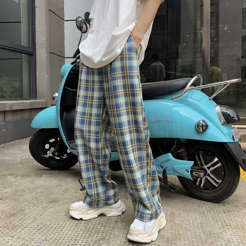 Harajuku Men's Plaid Pants 2020 Korean Men Casual Straight Pants Women Wear Fashion Straight