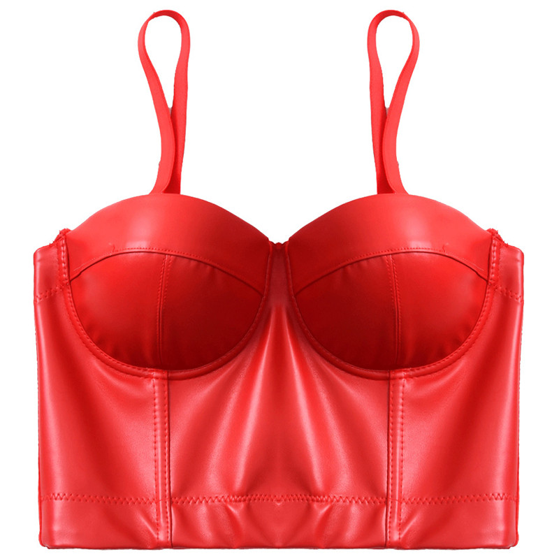 Women Night Club Caged Bralette Fashion PU Leather Bustier Bra Dance Party Cropped Top Camis Tube-Top with Strap S-XL