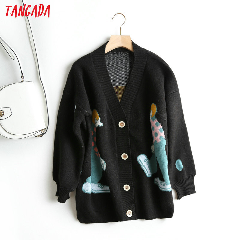 Tangada women cute cartoon cardigan sweater long sleeve buttons female thick knit sweaters basic red black grey tops BC21 V191217