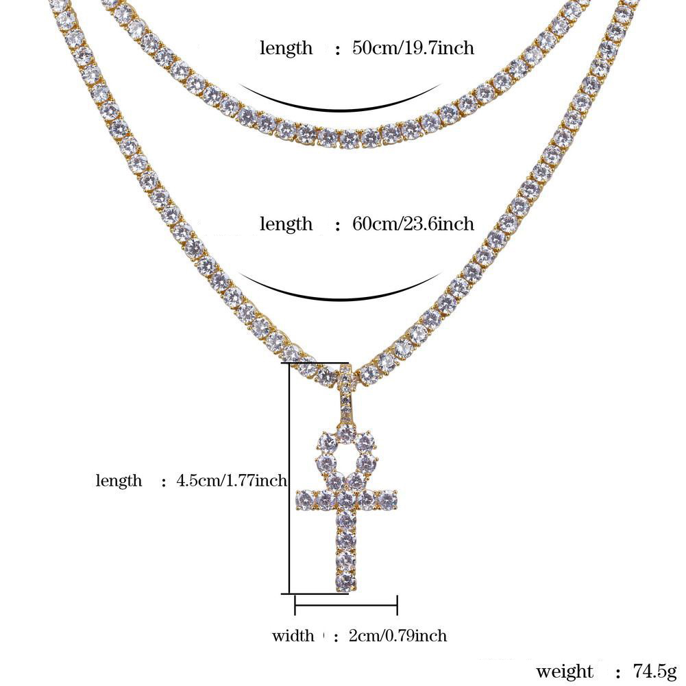 Gold Plated CZ Zircon Cross Key Pendant Tennis Chain Necklace for Men & Women Full Dia Hiphop Rapper Jewelry Couple Gifts Wholesale