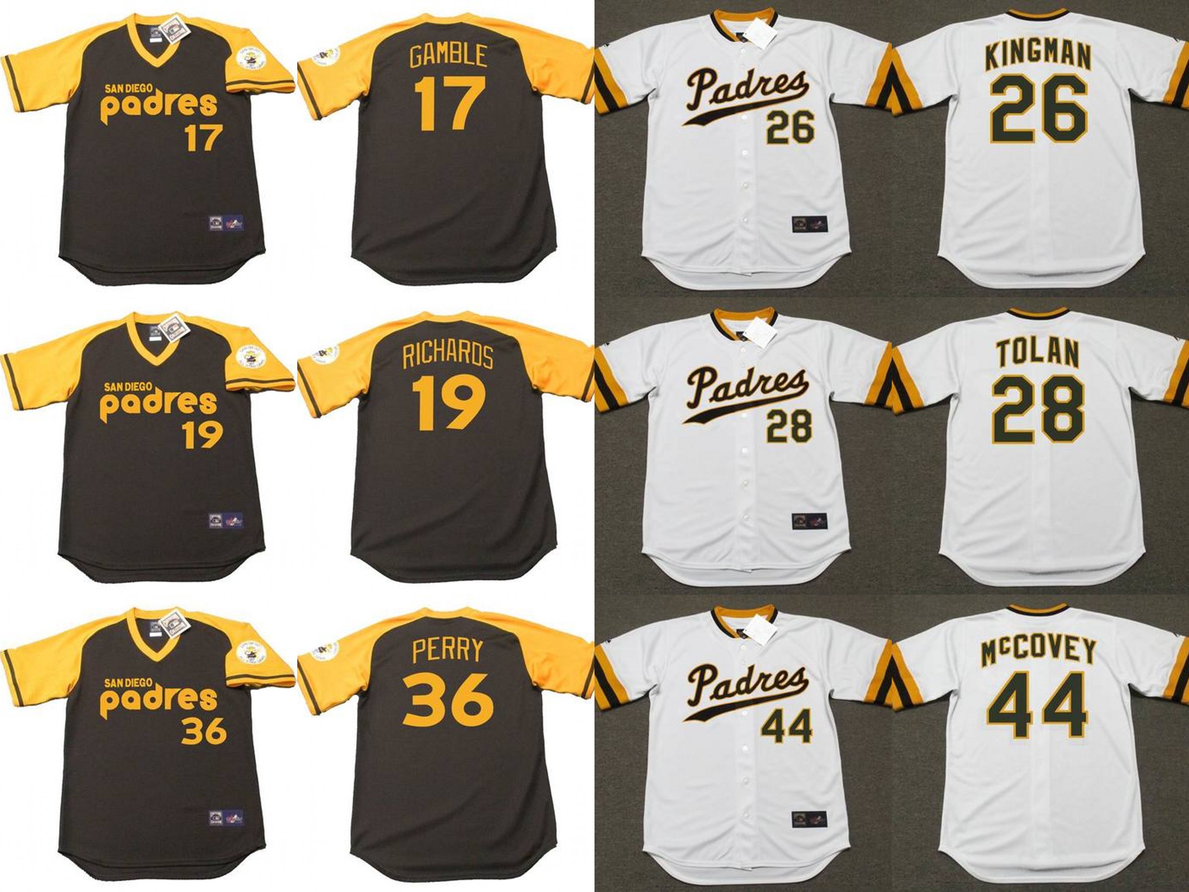 San Diego 17 OSCAR GAMBLE 19 GENE RICHARDS 26 DAVE KINGMAN 28 BOBBY TOLAN 36 GAYLORD PERRY 44 WILLIE McCOVEY Baseball jersey, 1997 navy
San Diego 17 OSCAR GAMBLE 19 GENE RICHARDS 26 DAVE KINGMAN 28 BOBBY TOLAN 36 GAYLORD PERRY 44 WILLIE McCOVEY Baseball jersey, 1997 navy