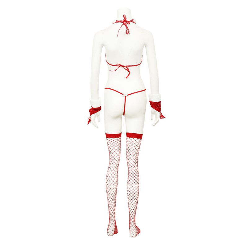 Christmas 6pcs Sexy Bunny Costume Lingerie Set Red Festive White Fuzzy Trim Bikini Swimsuit with Net Stockings Ear Headband Neckband Gloves