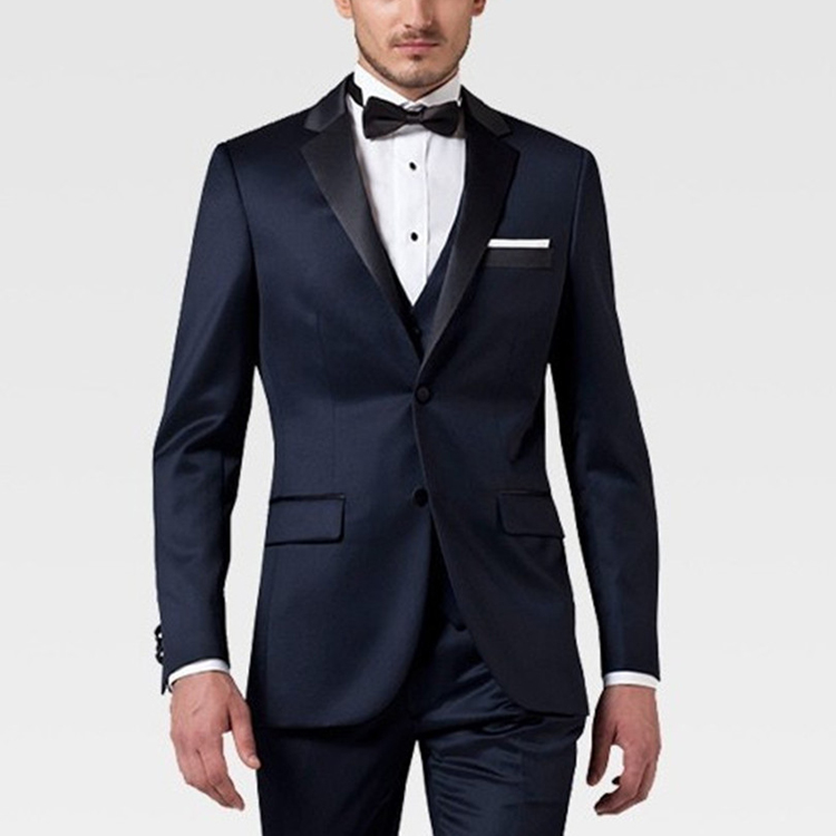 Handsome Navy Blue Wedding Tuxedos Black Notched Lapel Slim Fit Pants Suits 2 Pieces Men Formal Wear Jackets