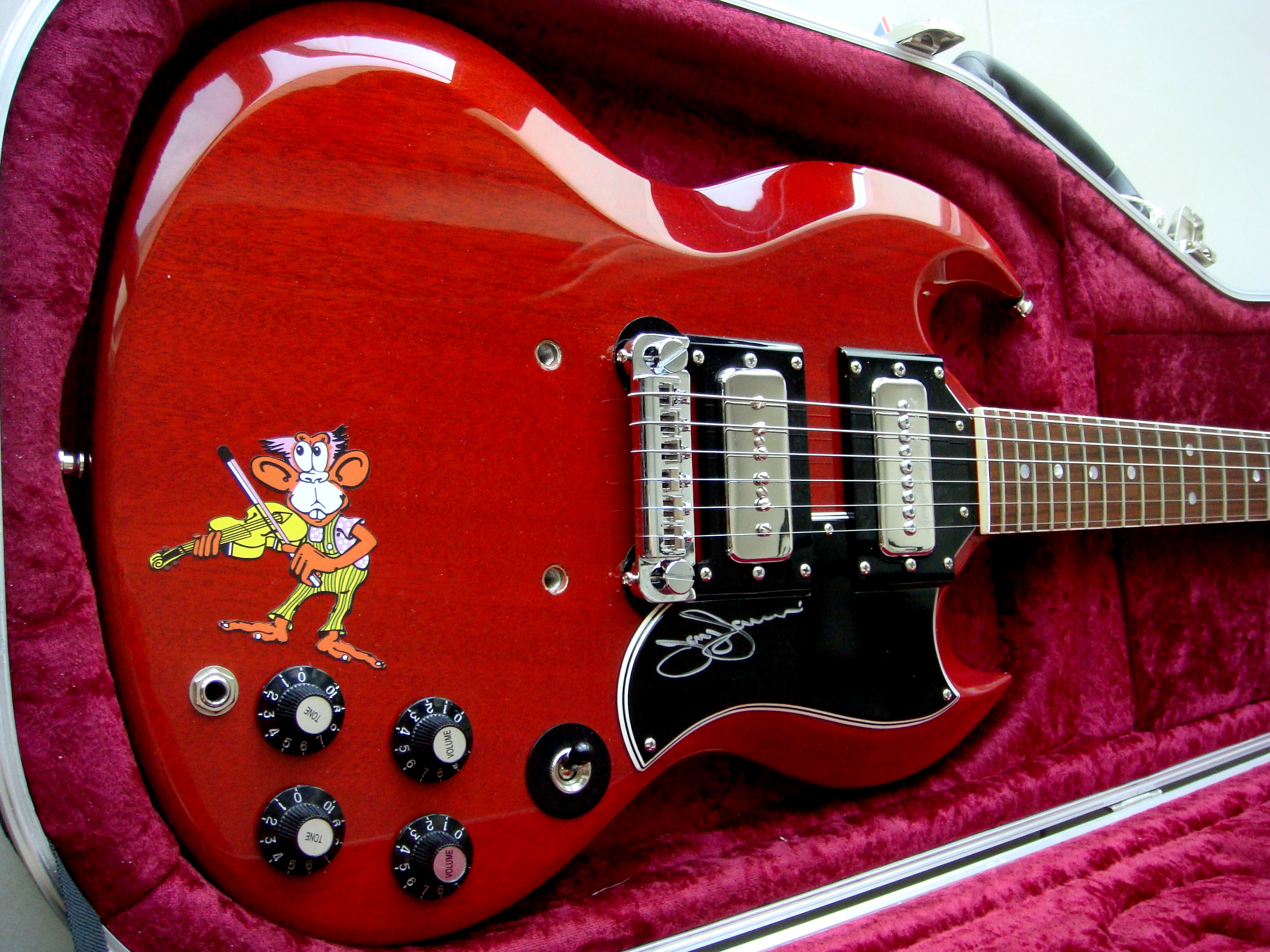 Promotion! Hard Rock Black Sabbath Tony Iommi Signed Legendary Cherry Red SG Monkey Electric Guitar Black P 90 Pickups, Wrap Around Bridge
Promotion! Hard Rock Black Sabbath Tony Iommi Signed Legendary Cherry Red SG Monkey Electric Guitar Black P 90 Pickups, Wrap Around Bridge