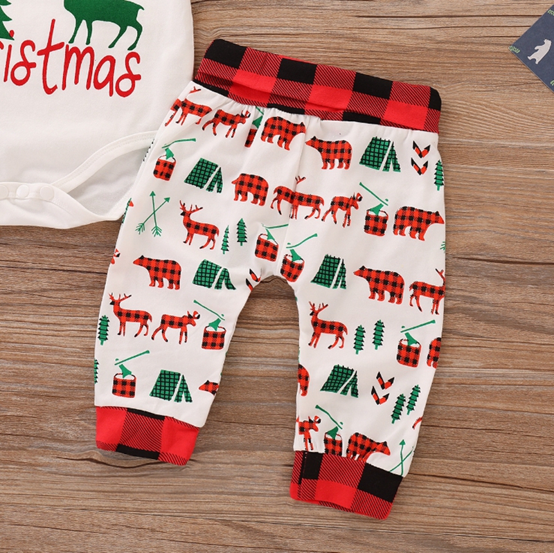 Christmas Baby Clothes Infant Boy Letter Romper Plaid Pants Hat 3pcs Set Check Newborn Girl Bodysuits Xmas Baby Clothing DW4497
