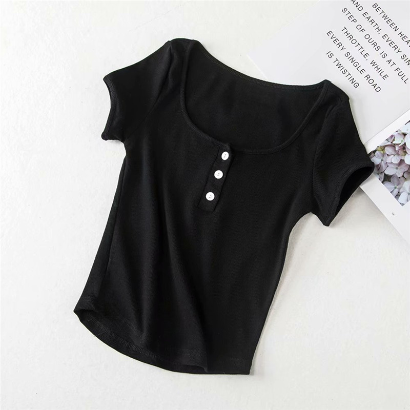 Summer new fashion solid color round neck short-sleeved T-shirt female, street wild sexy slim casual T-shirt female, Black
Summer new fashion solid color round neck short-sleeved T-shirt female, street wild sexy slim casual T-shirt female, Black
